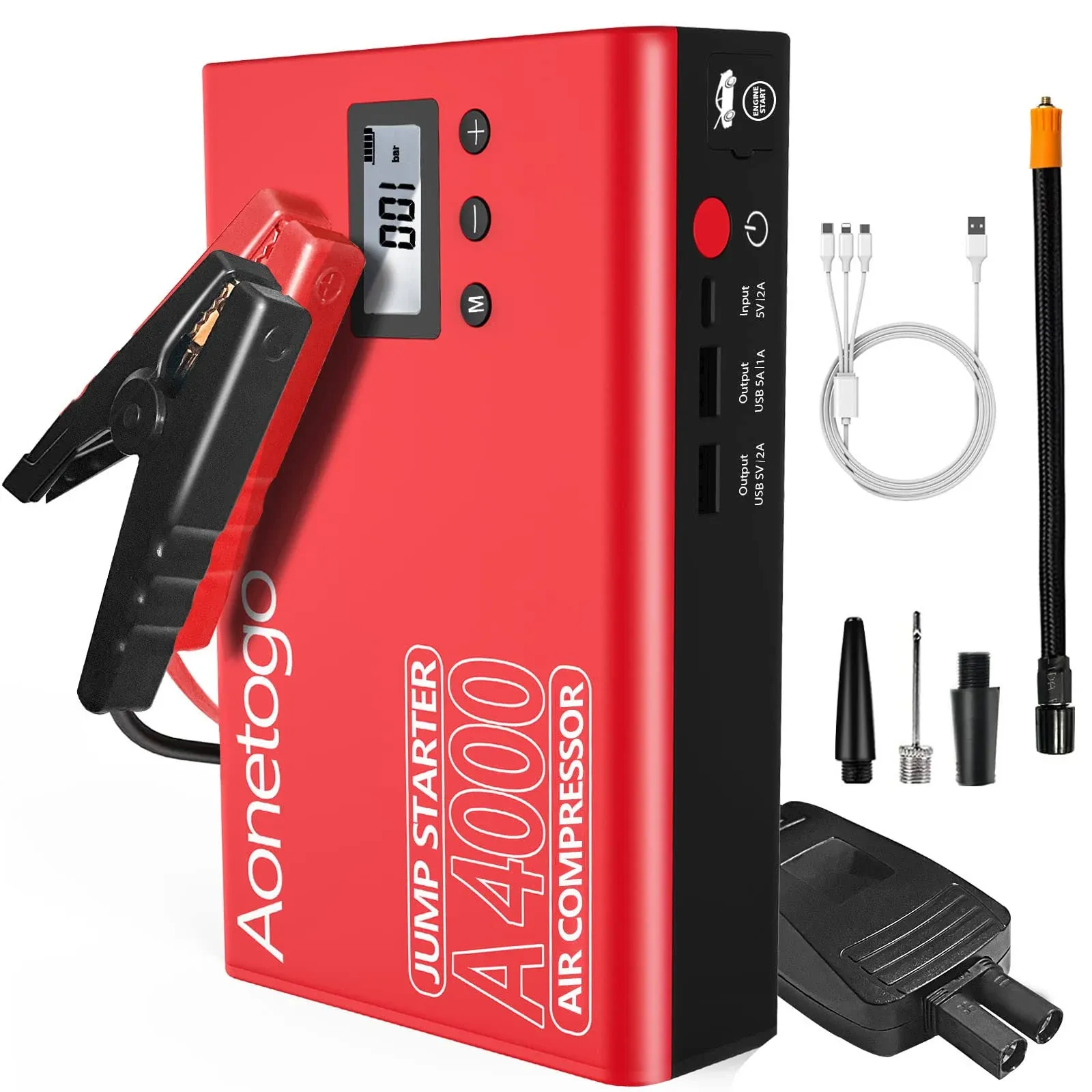 Jump Starter with Air Compressor,2800A Peak 20000mAh Battery Starter with 420kPa ...