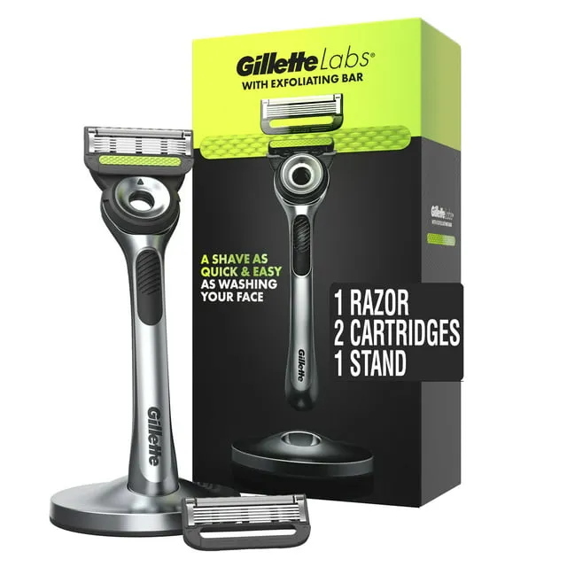 Gillette Labs mit Peeling-Stange von Men's Razor Set, 1 Duschhaken, Griff, 2 Klingen-Nachfüllungen, Silber und Schwarz, Rasierer für Männer, Herren