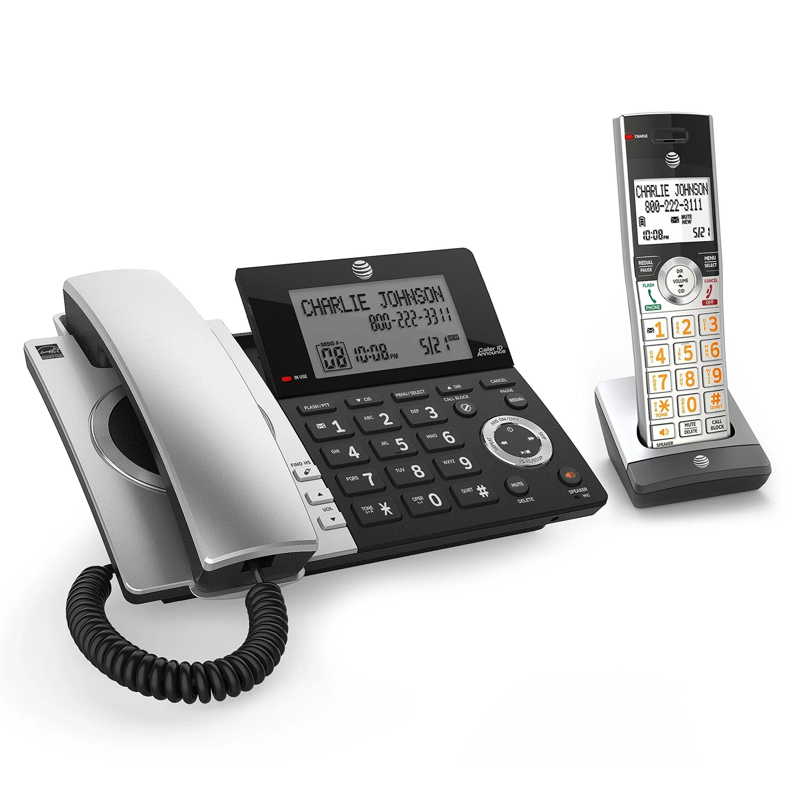 AT&T CL84107 DECT 6.0 Expandable Corded/Cordless Phone with Smart Call Blocker, Black/Silver with 1 Handset