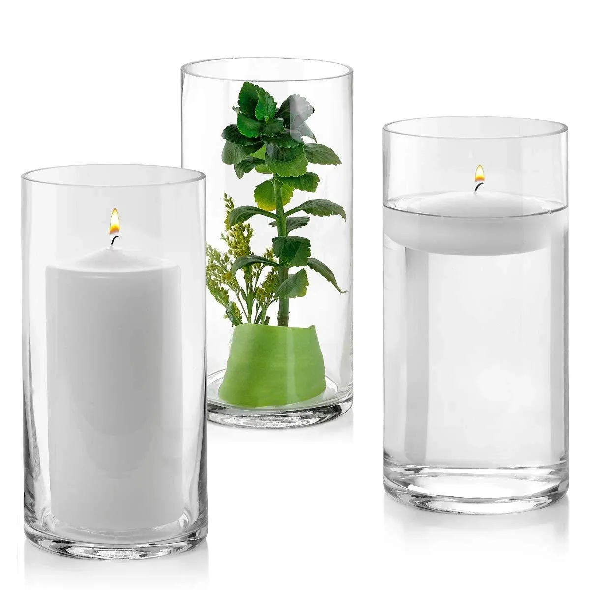 Set of 3 Glass Cylinder Vases 8 inch Tall - Multi-use: Pillar Candle, Floating C