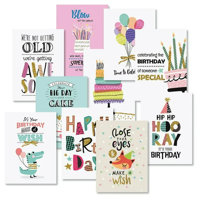 Simple Wishes Birthday Greeting Cards Value Pack - Set of 20 (10 designs), Large 5" x 7", Happy Birthday Card Assortment Set