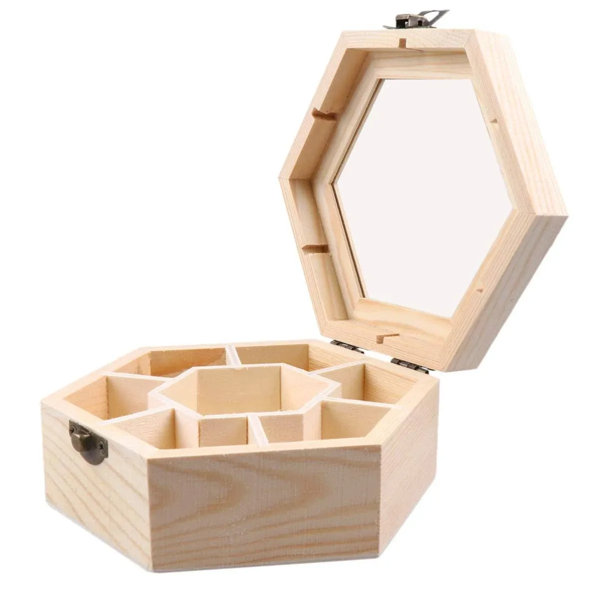 EXCEART Wood Jewelry Storage Box with Hinged Lid Window DIY Hexagon Jewelry Display Case Desktop Compartment Sundries Organizer Unfinished Holder Box