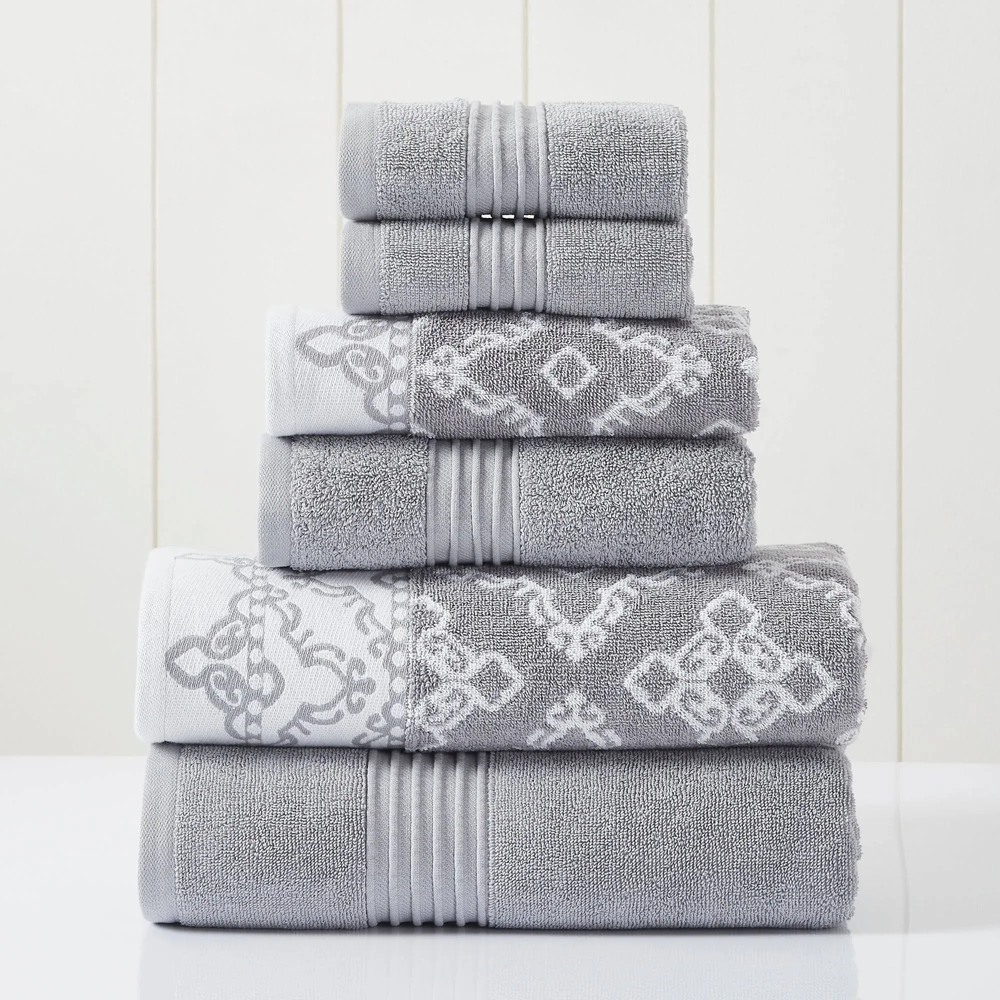 Modern Threads 6 Piece Yarn Dyed Jacquard/Solid Towel Set, Charlize, Stone