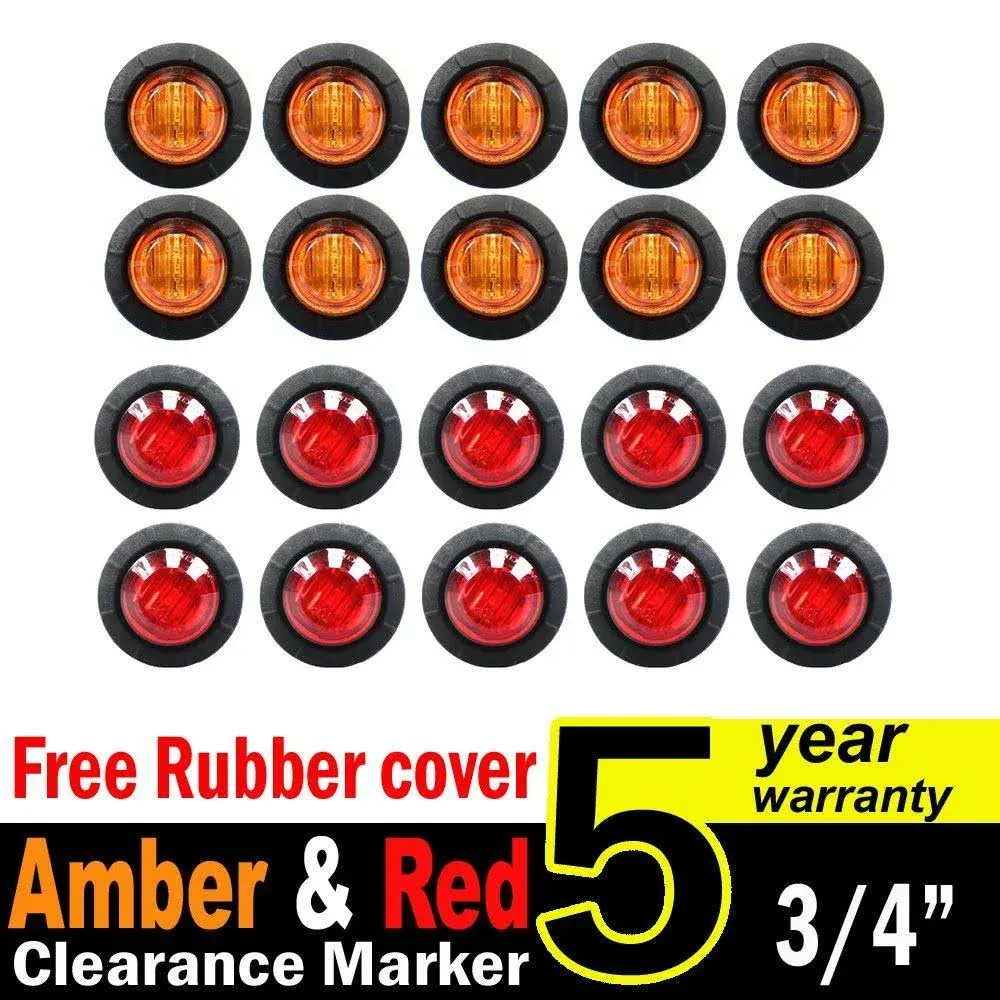 TMH 3/4 Inch Mount 10 pcs Amber + 10 pcs Red LED Clearance Bullet Side LED Marker Lights for Trailer Truck RV Car Bus Van (Pack of 20)