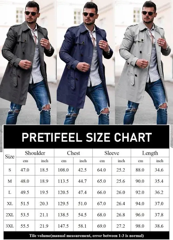 Pretifeel Mens Trench Coat Slim Fit Double Breasted Long Jacket Notched Lapel Belt Fall Windproof Coat