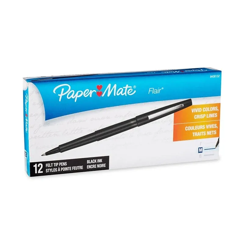 Paper Mate Flair Felt Tip Pen, Point Guard Medium, Black Ink - 12 pack