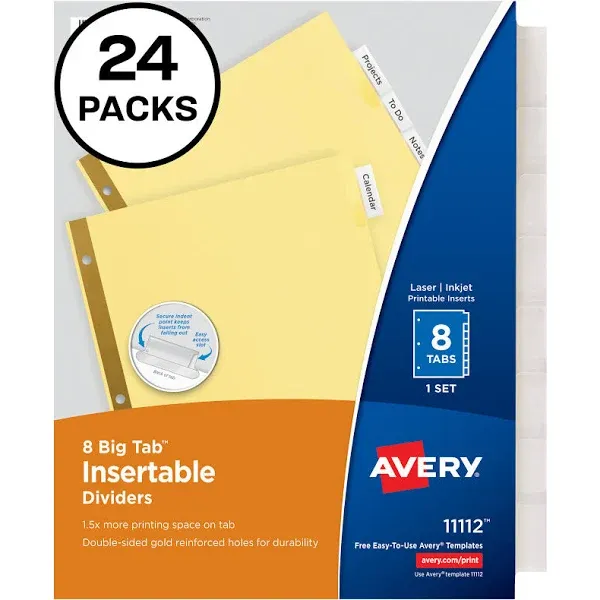 AVE11115 Insertable Big Tab Dividers, 8-Tab, Letter, 24 Sets