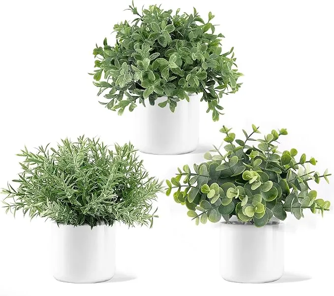 Mkono Fake Plants in Ceramic Pot, 3 Pack Potted Artificial Eucalyptus Plants for Home Decor Indoor Faux Green Rosemary for Desk Shelf Coffee Centerpiece Bathroom Office Decor