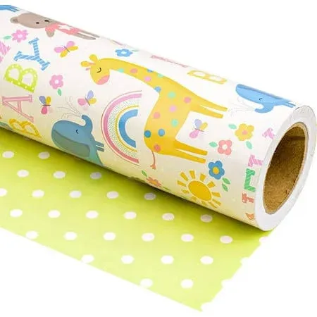 Reversible Baby Shower Wrapping Paper - Mini Roll - 17 Inch X 33 Feet - Animals