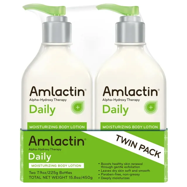 AmLactin Daily Moisturizing Lotion for Dry Skin – 7.9 oz Pump Bottles (Twin Pack) – 2-in-1 Exfoliator-Body Lotion with 12% Lactic Acid, Dermatologist-Recommended (Packaging May Vary)