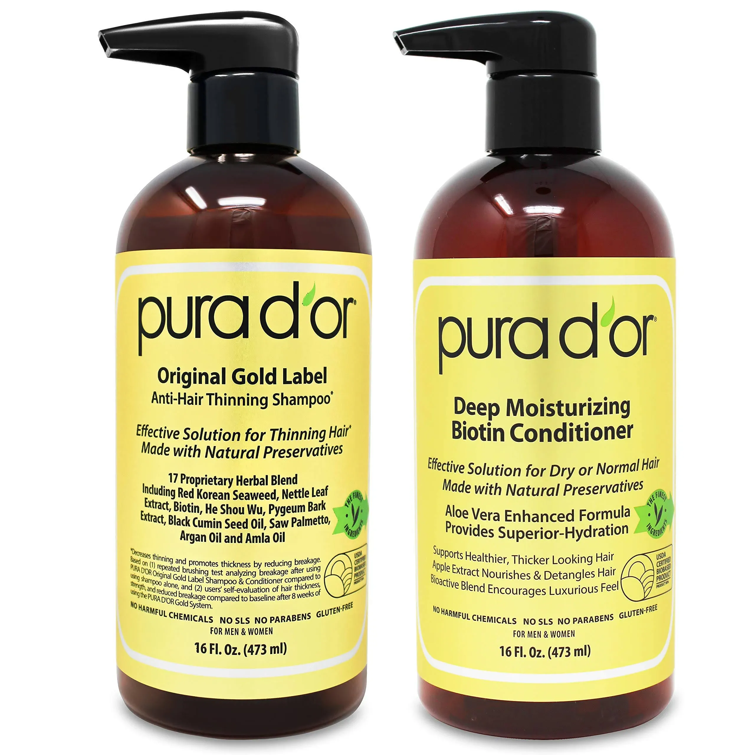 PURA D'OR Gold Label Anti-Thinning Deep Moisturizing Therapy Shampoo & Conditioner Set, Clinically Tested Effective Solution, Infused with Organic & Natural Ingredients for All Hair Types, Men & Women