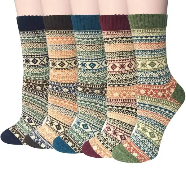 Pack of 5 Womens Winter Socks Warm Thick Knit Wool Soft Vintage Casual Crew 