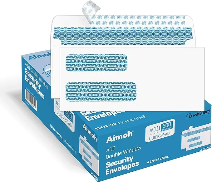 500#10 Double Window SELF Seal Security Envelopes - for Invoices, Statements & Documents, Security Tinted - EnveGuard, Size 4-1/8 x 9-1/2 -White - 24 LB - 500 Count (30001)