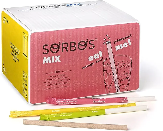 Sorbos Edible Straws, Flavor Mix Variety, Chocolate, Lemon, Lime, Strawberry, Individually Packaged, No PFAS, No Allergens, No Gluten, 7.4 inches long (Pack of 200)