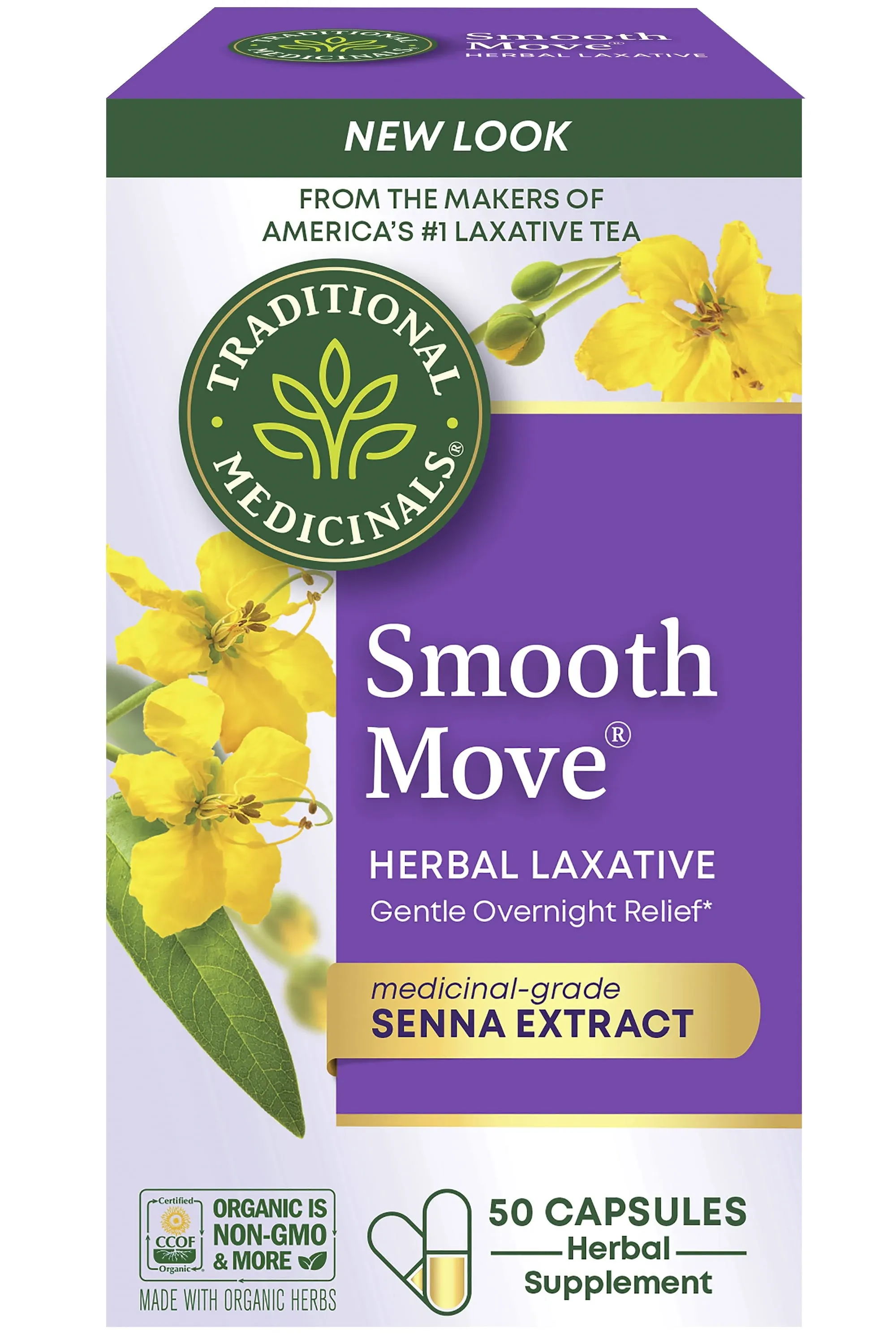 Traditional Medicinals Smooth Move Senna Laxative Capsules, Natural Herbal Constipation Relief, 50 Capsules, 2 Pack