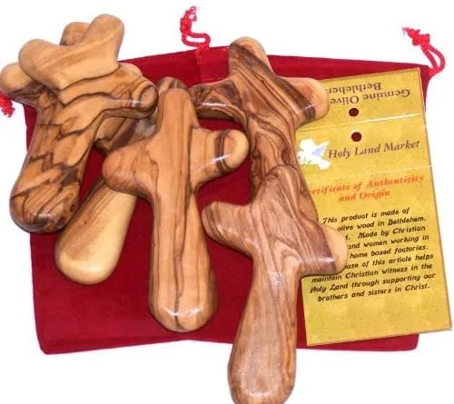 Six Olive Wood Crosses with Velvet Pouches