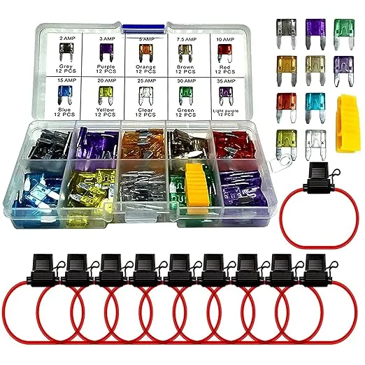 MuHize 12v Mini Fuse Holder - Upgraded 120 Pcs Mini ATM Assorted Blade Fuses (2A 3A 5A 7.5A 10A 15A 20A 25A 30A 35A) with10pcs Inline 14 AWG Gauge Holder