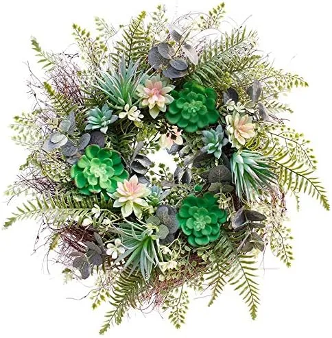 Ansuma 22 inch Artificial Succulent Wreath for Front Door, Fern Plants Wreath for ...