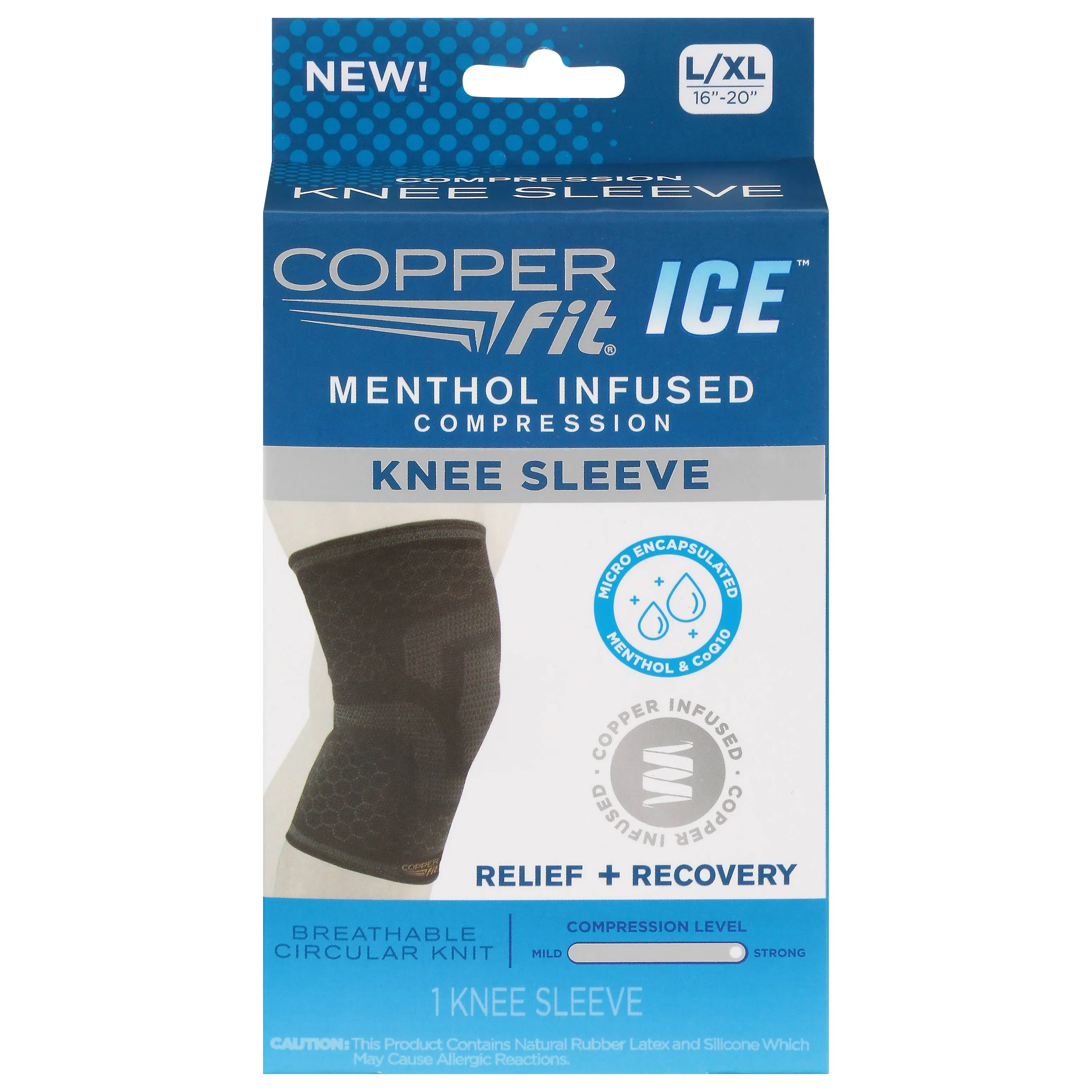 Copper Fit Ice Knee Compression Sleeve Infused with Menthol and CoQ10 L/XL Black