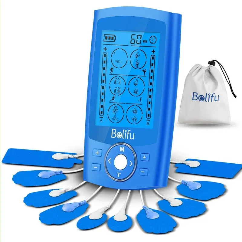 Belifu Dual Channel Tens EMS Unit 24 Modes Muscle Stimulator for Pain Relief Therapy, Electronic Pulse Massager Muscle Massager with 10 Pads, Dust Pro