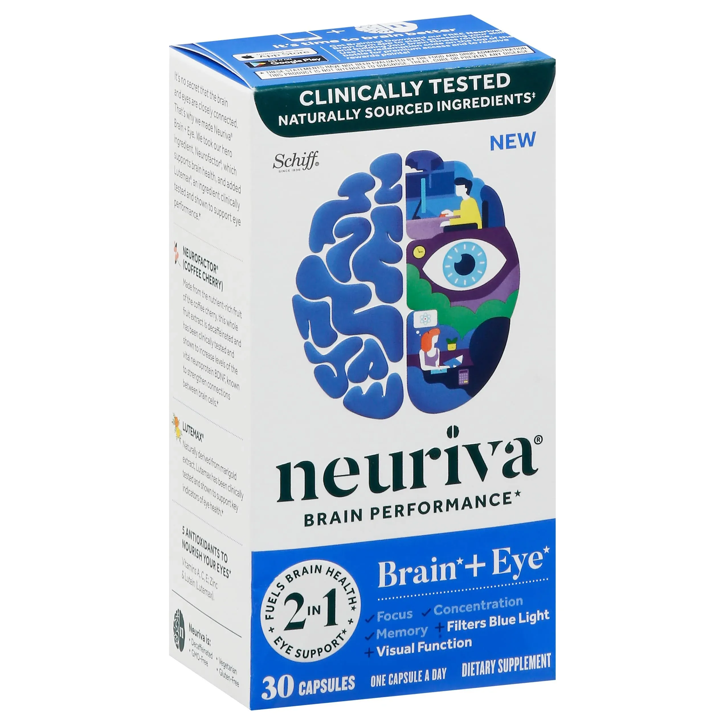 NEURIVA Brain + Eye Supplement for Memory, Focus & Concentration with Lutein & Vitamins A C E and Zinc for Eye Health & Zeaxanthin to Filter Blue Light, 30ct Capsules