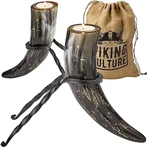 Viking Culture Horn Tealight Candle Holder Set with Wrought Iron Stands, Rustic Home Decor for Modern, Vintage or Farmhouse Styles, Vintage Burlap