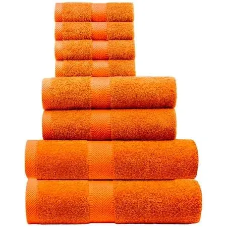 Premium Cotton Bath, Hand and Washcloth Towel Set Plush Touch Quick Dry Hand And Kitchen Eco Friendly Towel 100% Cotton Loop Terry, Orange, Set of 8