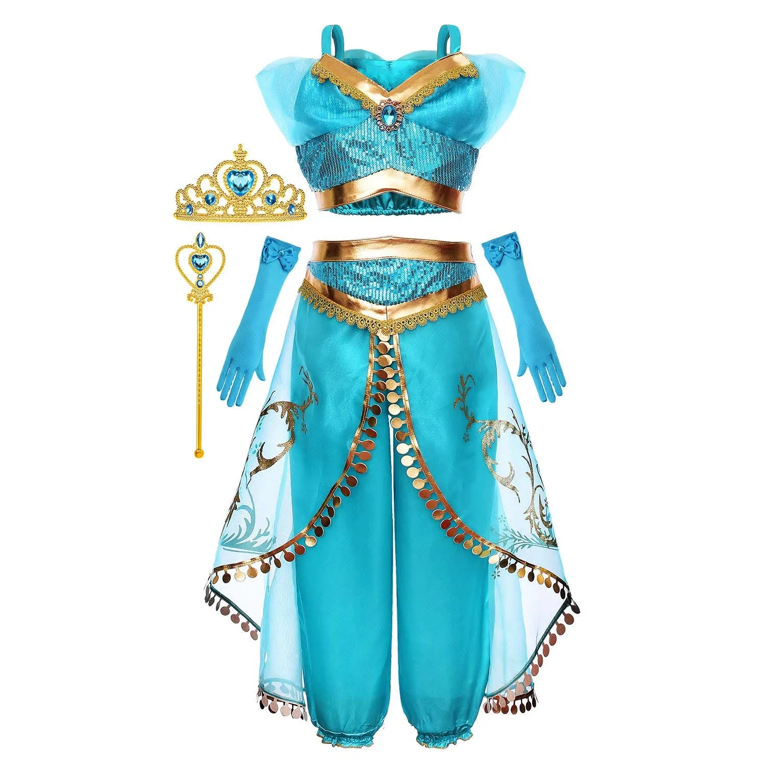 Cmiko Princess Jasmine Costume Dress Up Clothes Fancy Sequined Arabian Outfit ...