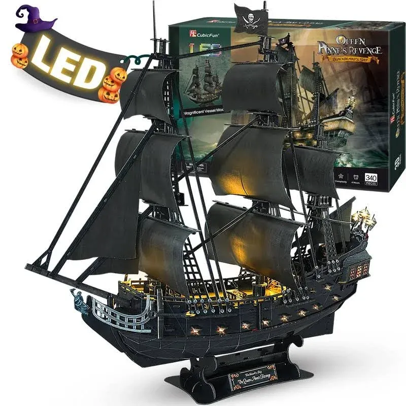 3D Puzzles for Adults - LED Pirate Ship Queen Anne's Revenge - Large 27'' Sailboat Hard Puzzles - Desk Decor House Warming Gifts New Home -