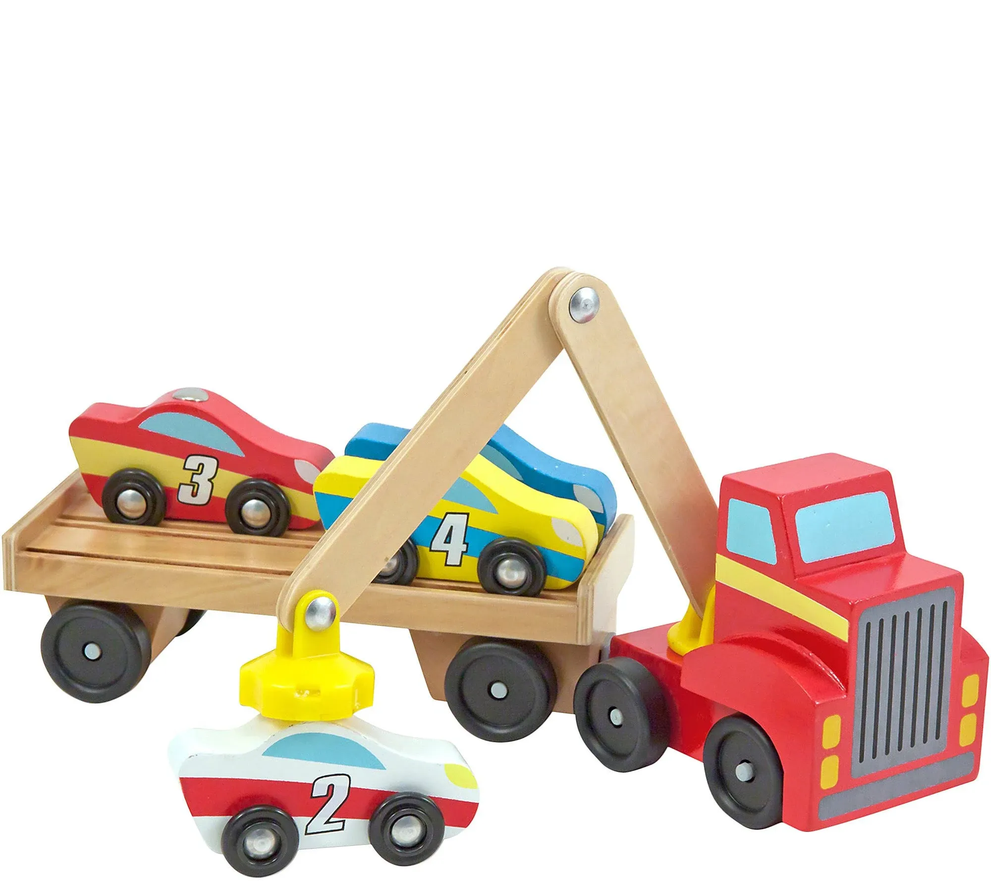 Melissa and Doug Wooden Car Loader Truck And 4 Cars With Magnetic Arm