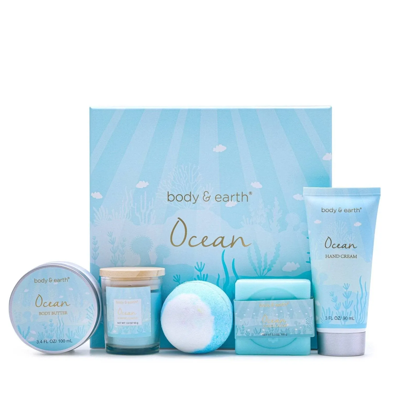 Gifts for Women, Bath and Body Gift Sets for Women with 5 Pcs Ocean Scented Spa Gifts for Women, Bath Gifts for Women with Scented Candle Body Butter Hand Cream Bath Bomb Womens Gifts for Christmas