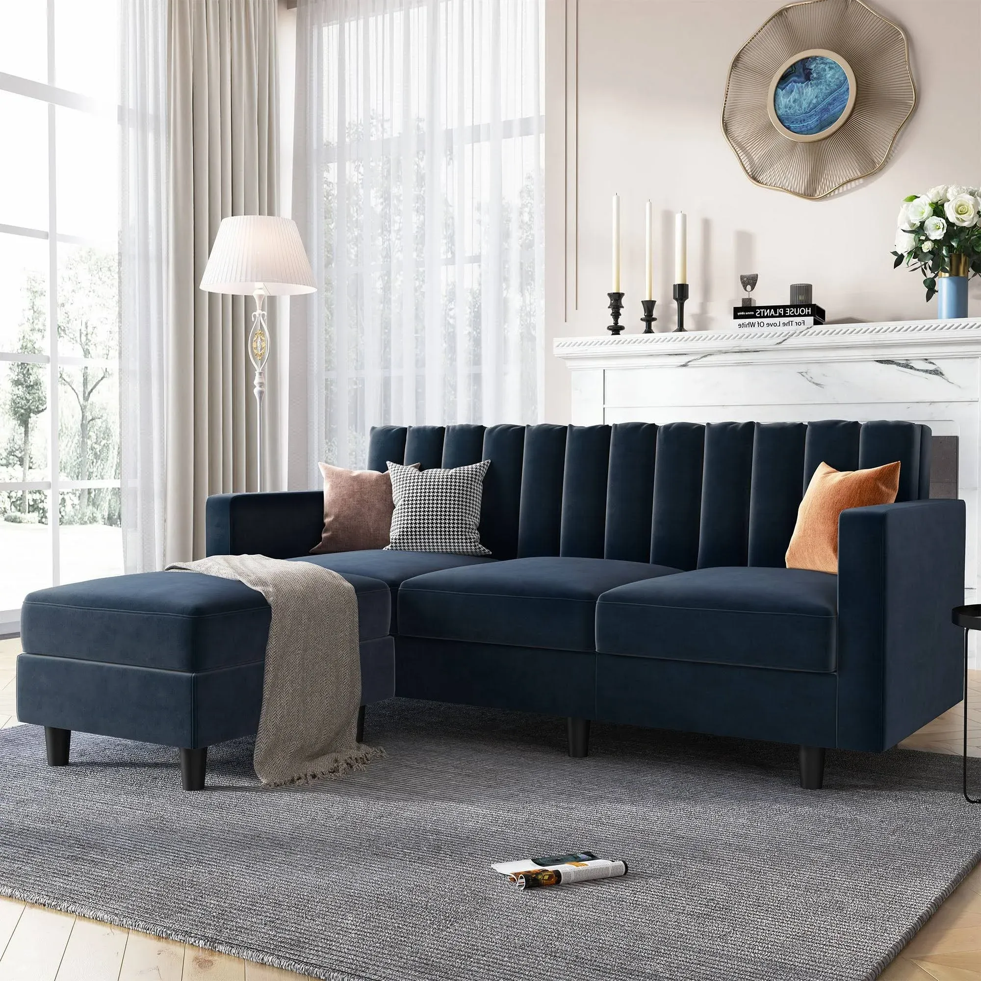 Velvet Reversible Sectional Sofa L-shaped Sofa Couch with Chaise For Living Room