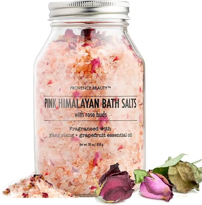 Pink Himalayan Bath Salt with Rose Petals -100% Natural Aromatherapy and Relaxation - Ylang Ylang Grapefruit Essential Oil Bath Salts for Women Relaxing-Cruelty-Free Cleanse Revitalize & Soothes Skin