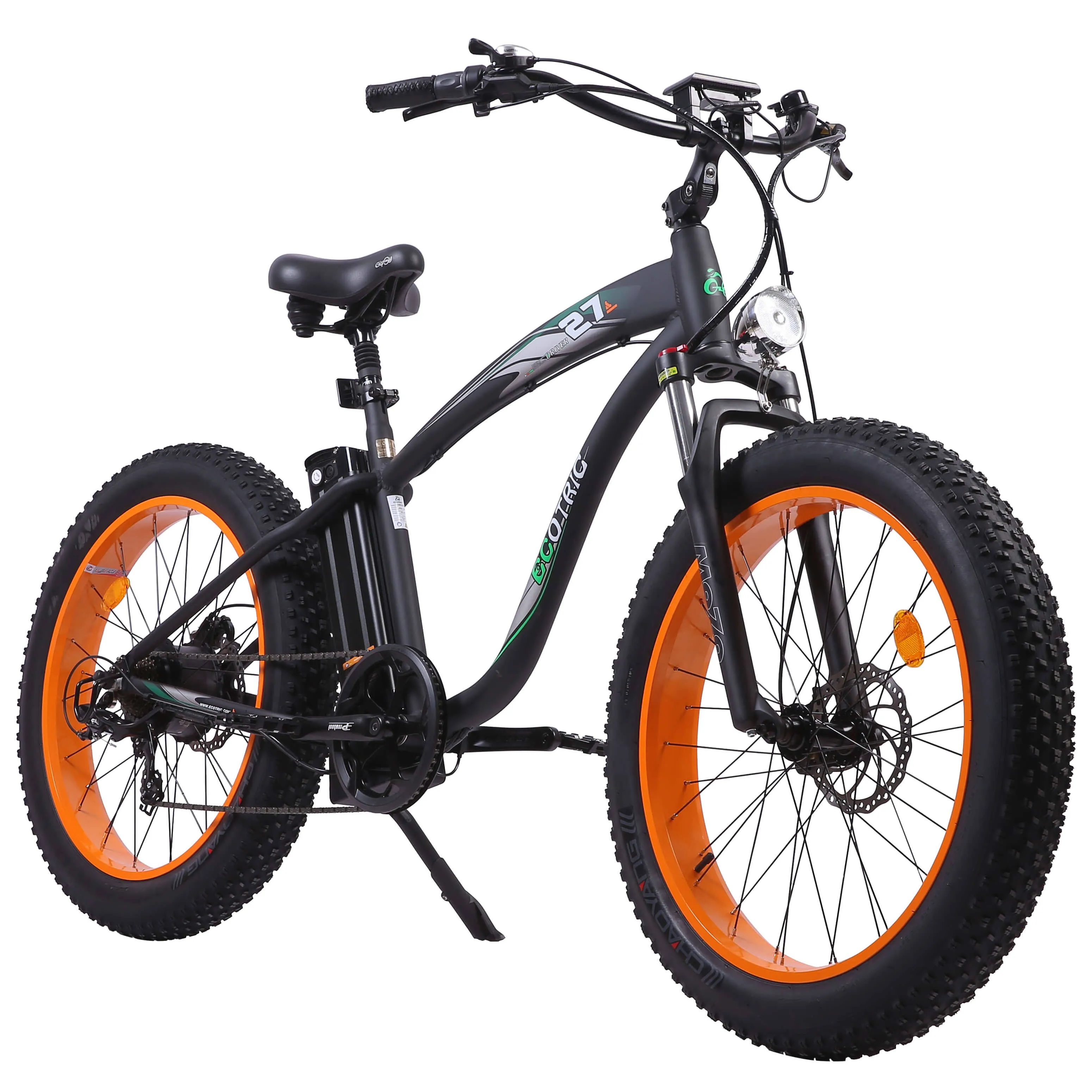 Ecotric 26" × 4.0 Fat Tire Motorized Electric Bicycle Mountain Beach Snow Removable 750 W 48 V 12.5 Ah Lithium Battery Pedal Assist Black frame and Orange