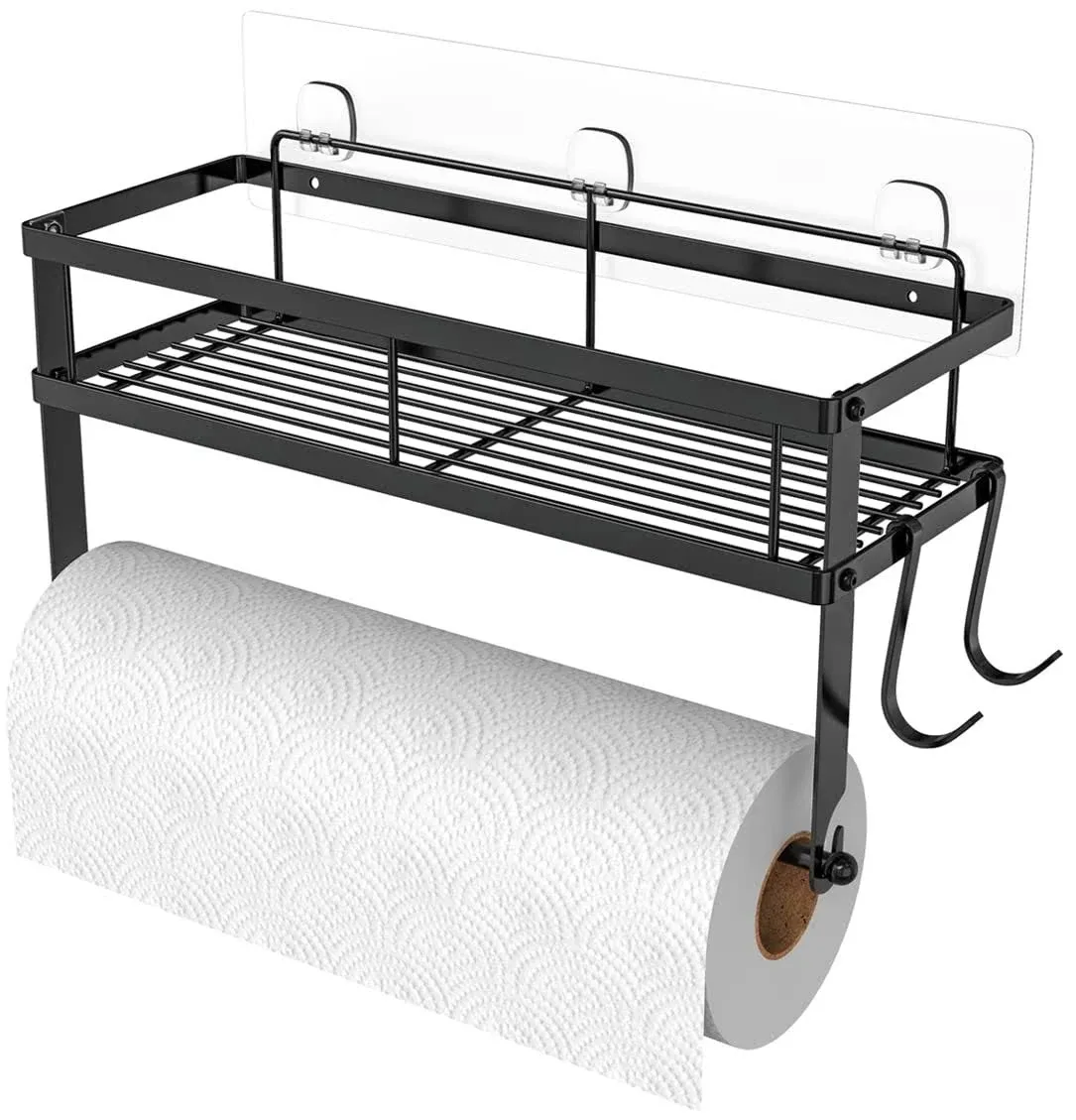 ESOW Paper Towel Holder with Shelf Storage, Adhesive Wall Mount 2-in-1 Basket Organizer for Kitchen & Bathroom, Durable Metal Wire Design, Stainless Steel 304 Brushed Nickel Finish