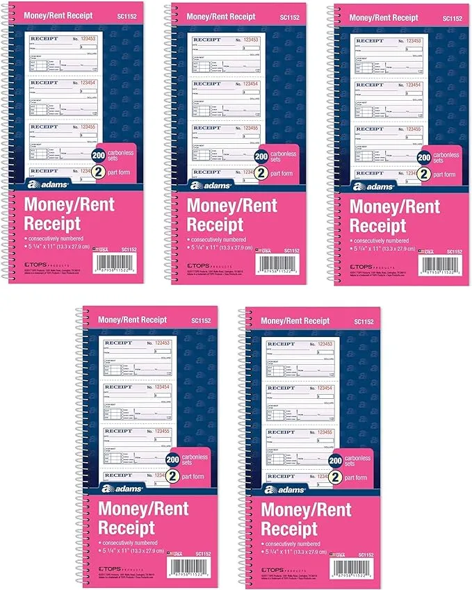 Adams Money and Rent Receipt Book, 2-Part Carbonless, 5-1/4" x 11", Spiral Bound, 200 Sets per Book, 4 Receipts per Page, Sold as 5 Pack, 1000 Sets Total (SC1152)