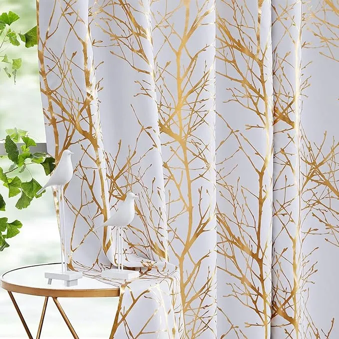 FMFUNCTEX 100% Blackout Curtains for Bedroom, Curtains 63 Inches Length Curtains Branch Gold Foil Tree Branch Curtains for Living Room Darkening, Window Panels for Guest Room Grommet Top 2 Panels