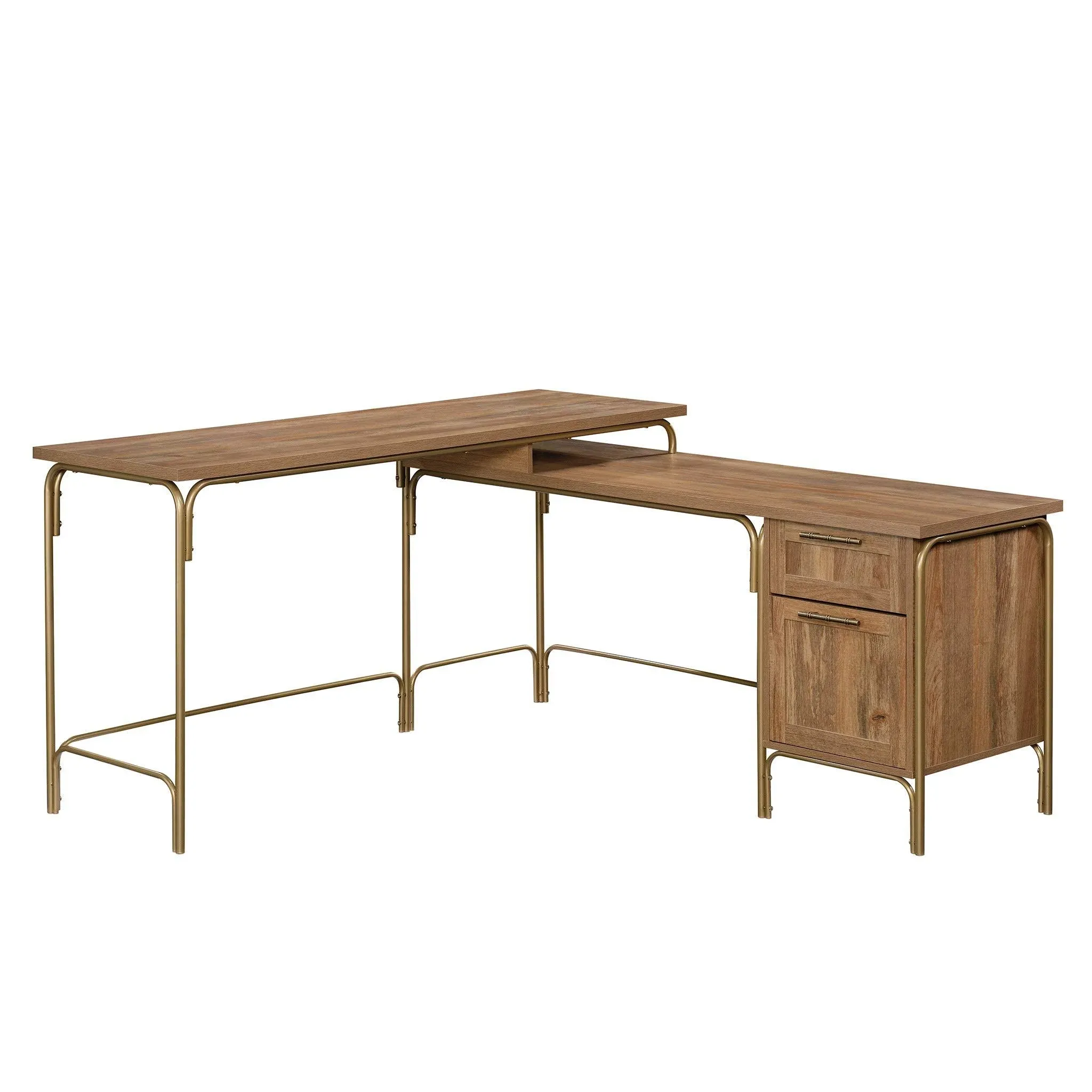 Sauder Coral Cape Engineered Wood L-Shaped Desk in Sindoori Mango and Gold