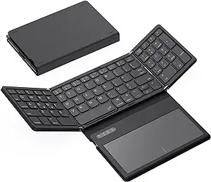 GEODMAER Foldable Bluetooth Keyboard, Portable Full Size Bluetooth Keyboard with Large Touchpad, Rechargeable Tri-Folding Ultra Slim Travel Keyboard for Windows iOS Android Mac, Sync up to 3 Devices