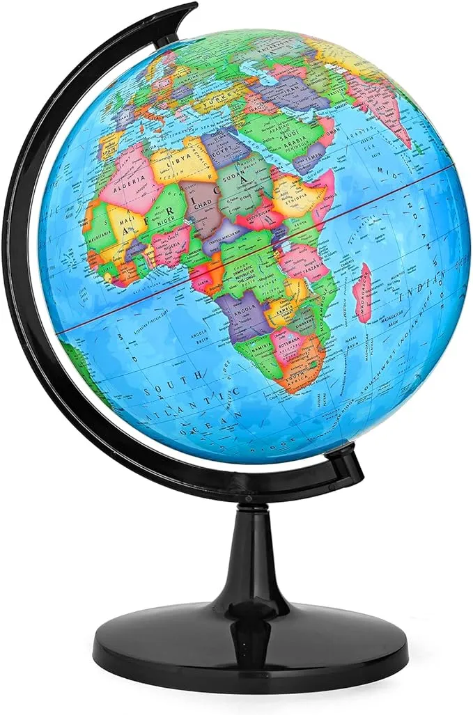 World Globe with Stand, 13" Desk Classroom Decorative Globe for Students & Geography Teachers, 360° Horizontal Rotation, Full Length 19.7 inch World Globe Map with Clear Text Markings, Blue