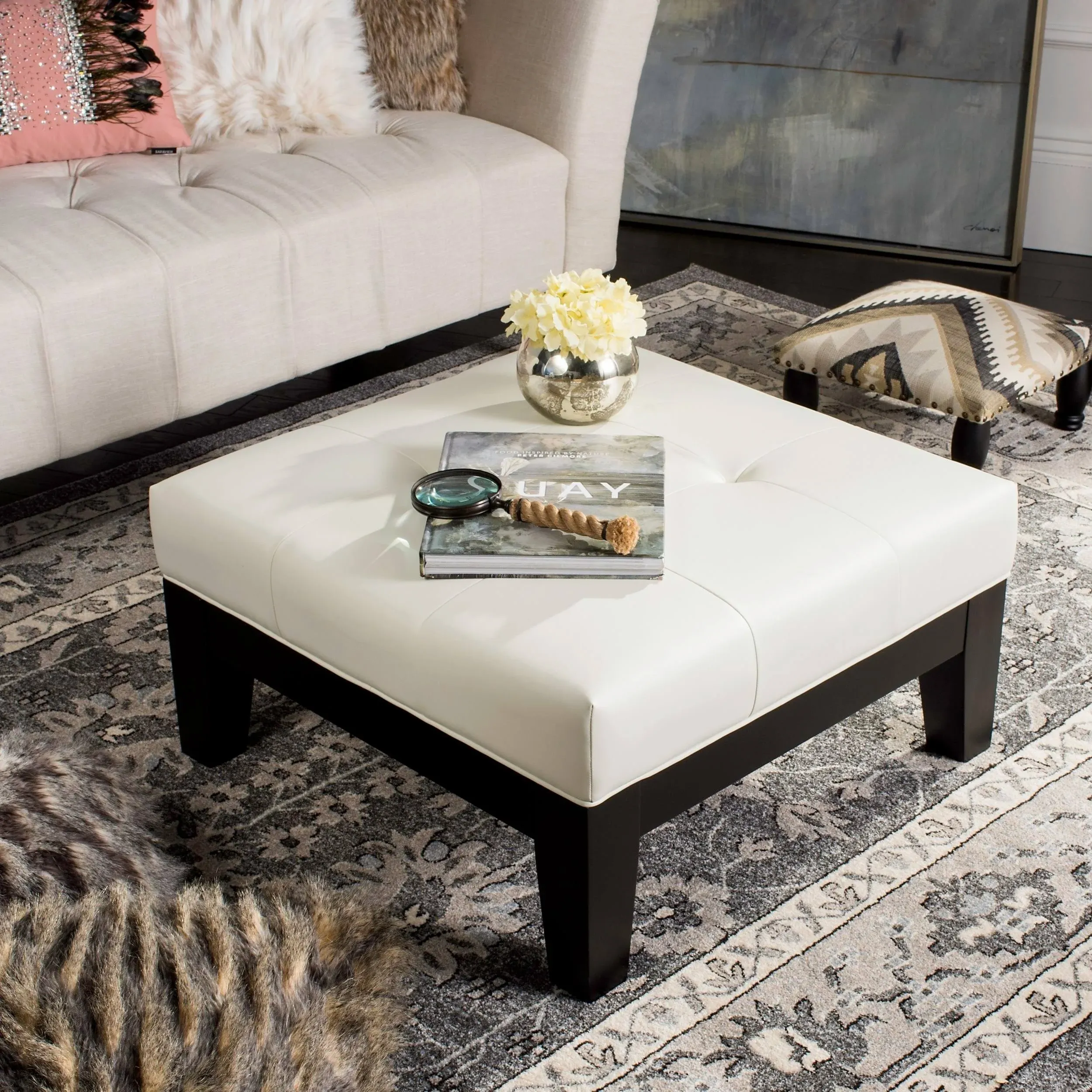 Safavieh Jordan Square Cocktail Ottoman, Cream