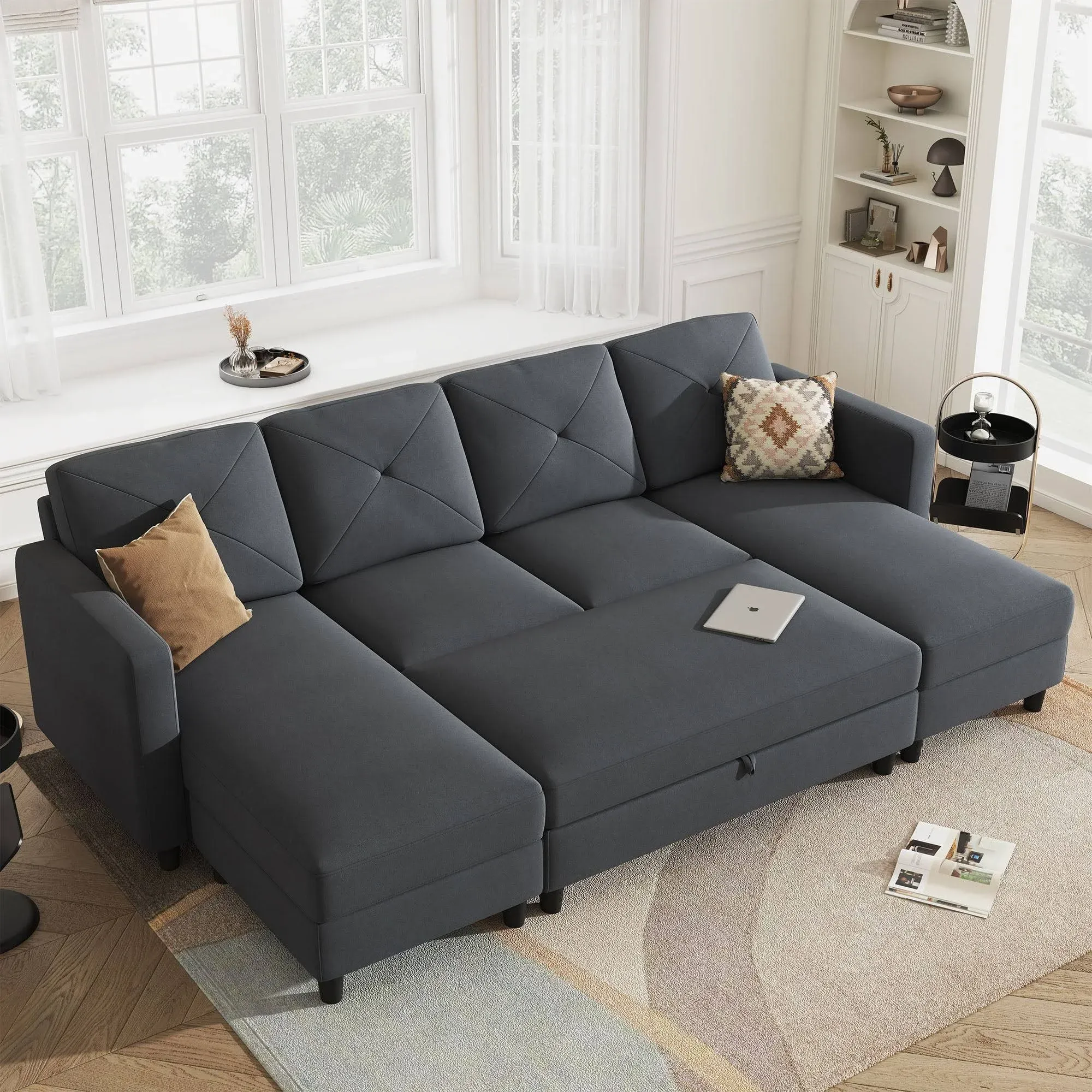 Honbay Convertible Sectional Sofa Bed Set with Storage Ottomans for Apartment, Dark Grey, Gray