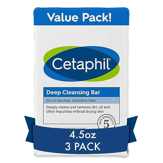 Cetaphil Deep Cleansing Bar Soap, Face and Body Bar, 4.5 oz Bars, Pack of 3