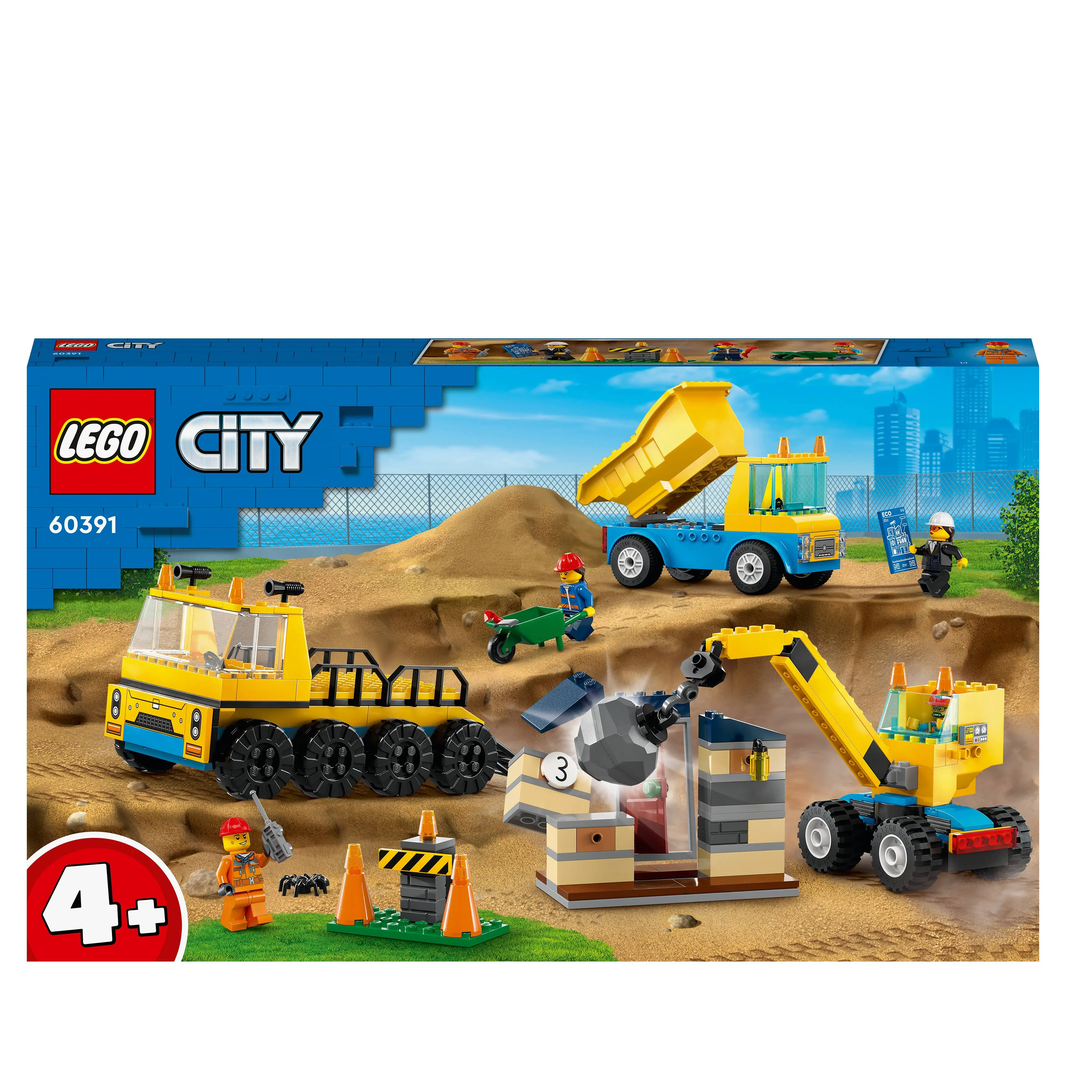 LEGO City Construction Trucks and Wrecking Ball Crane 60391 Building Toy Set for Toddler Kids Ages 4+, Includes 3 Construction Vehicles, an Abandoned House and 3 Minifigures for Pretend Play