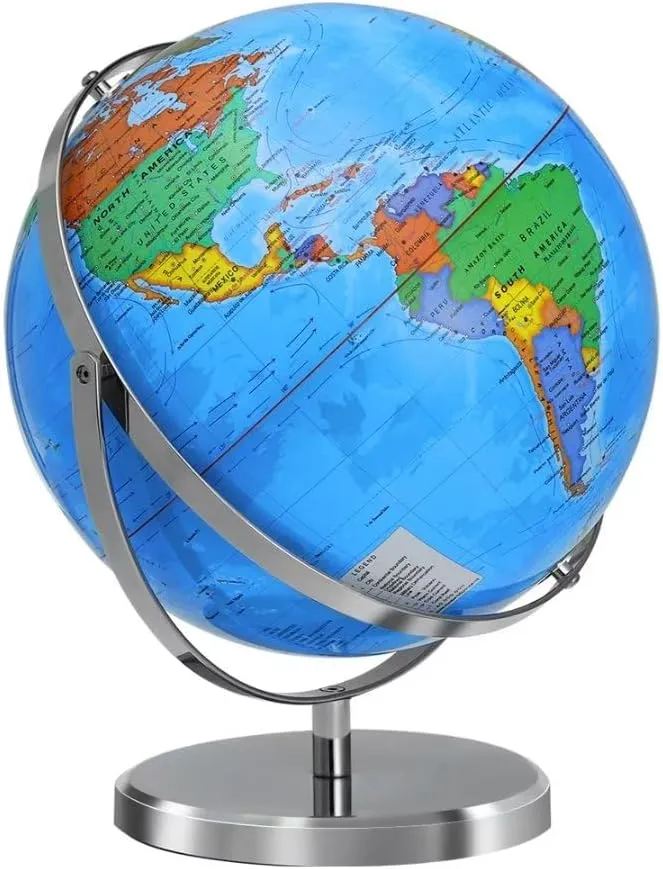 13" World Globe with Stand, 720° Swivels in All Directions, Stainless Steel Stand, Geographic/Decorative Desktop Decoration World Globe Map with Clear Text for Home, School, Office