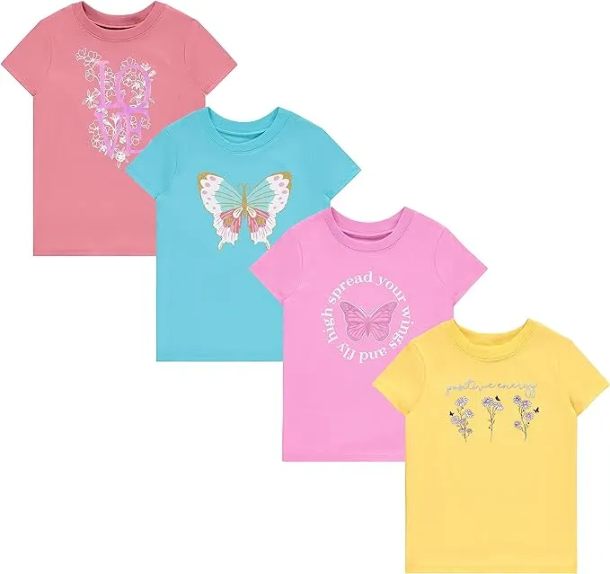 BTween Girls 4-Piece Tops | Fashionable Short Sleeve T-Shirt | Casual Daily Shirt for Kids - Assorted Colors