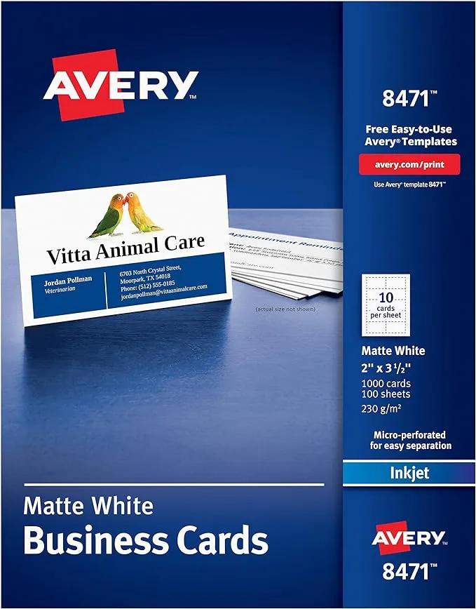 Avery Printable Business Cards, Inkjet Printers, 250 Cards, 2 x 3.5 (8371)