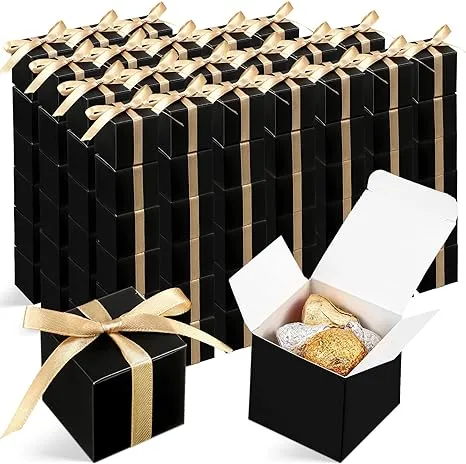 Jutom 100 Pcs Mini Favor Boxes Small Candy Boxes Paper Party Favor Boxes Gift Wrap Boxes with Ribbon for Valentine's Day Birthday Wedding Anniversary Supplies(2 x 2 x 2 Inch,Black)