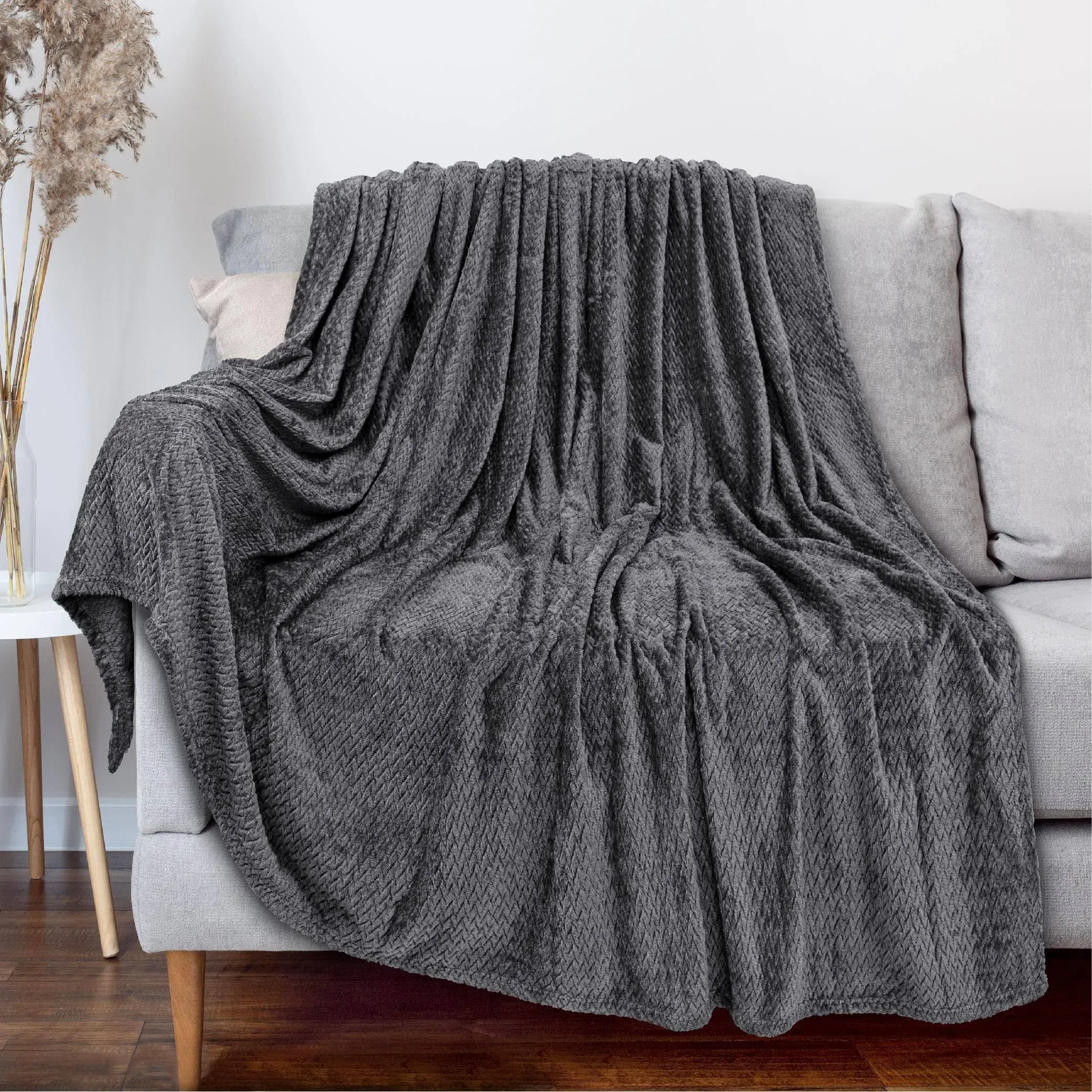 Soft Fleece Dark Grey Throw Blanket for Couch Lightweight Plush Warm Blankets...