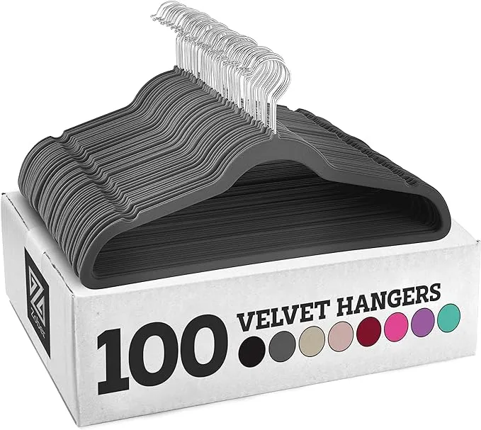 Zober Velvet Hangers 100 Pack - Heavy Duty Black Hangers for Coats, Pants & Dress Clothes - Non Slip Clothes Hanger Set - Space Saving Felt Hangers for Clothing